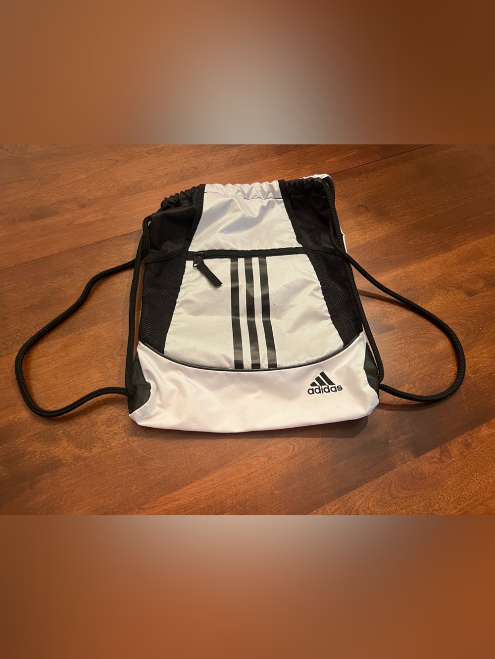 adidas White and Black Drawstring Backpack with Front Zip Pocket